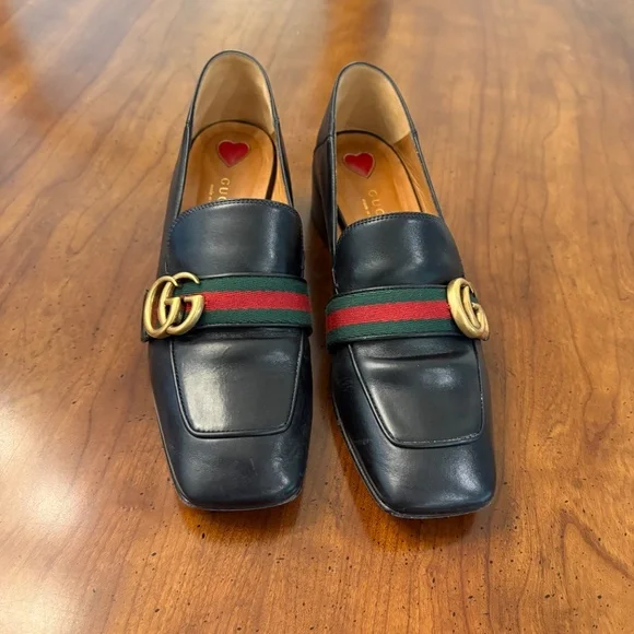 Gucci Black Leather Loafers with Gold and Green-Red Stripe Webbing, 37.5 - Picture 5 of 6